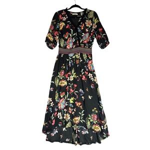 Aldomartins Dark Floral Bamboo Maxi Dress Sz 8 Smocked Waist High Low Boho Chic